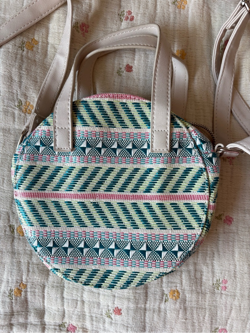 Unique Round Woven Colorful Crossbody Bag in Teal, Cream & Pink - Picture 6 of 10